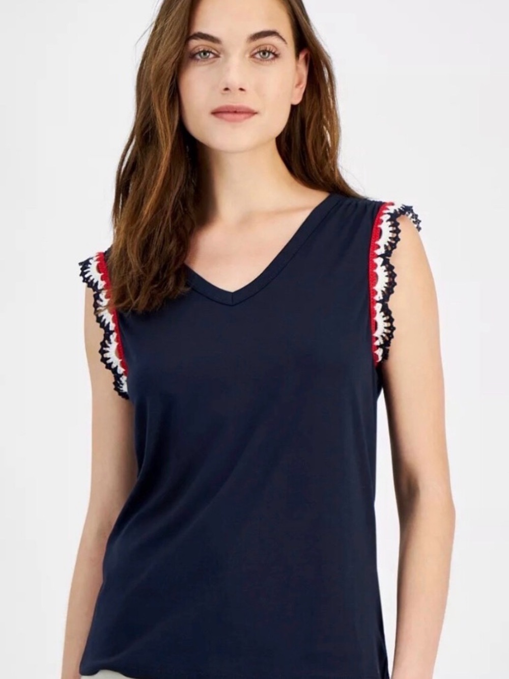 Nautica V-Neck Navy Tank Top with Red & White Ruffle Trim size S